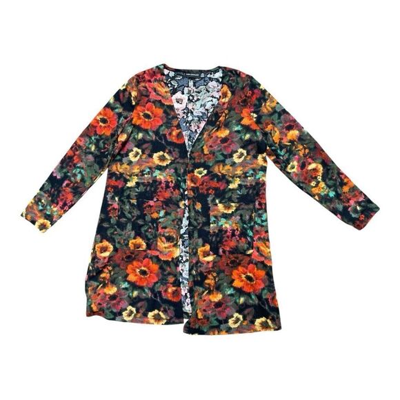 Nina Leonard Dolce Knit Duster Cardigan Women PM Pockets Floral Print Orange - Picture 6 of 7